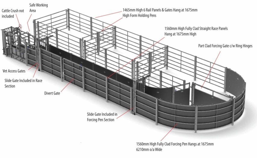 Fixed Cattle Handling Systems Cattle Handling IAE Agriculture   Cattle Handling System RH Forcing Pen System Full Clad Straight Race V2 WITH MEASUREMENTS 1 854x525 