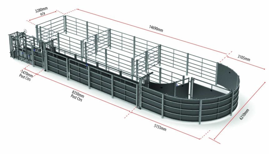 Fixed Cattle Handling Systems Cattle Handling IAE Agriculture   Right Hand Forcing Pen Straight With Measurements 1 862x493 