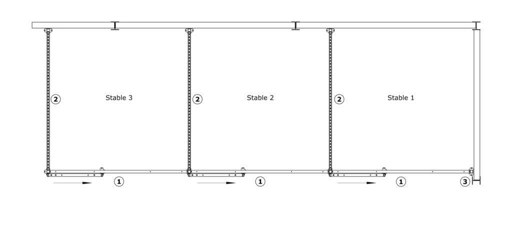 Arrangement B4 - Sliding Door Stables, plastic boards and half grille partitions