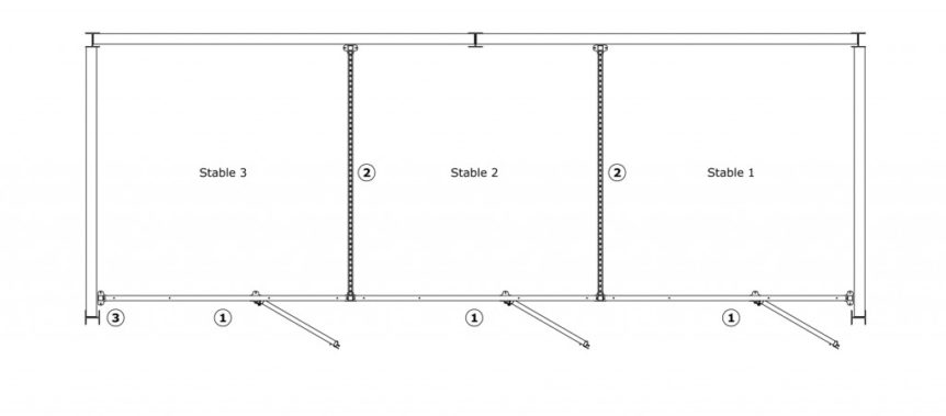 Arrangement A11 – Swing Door Stables, between walls, plastic boards and half grille partitions